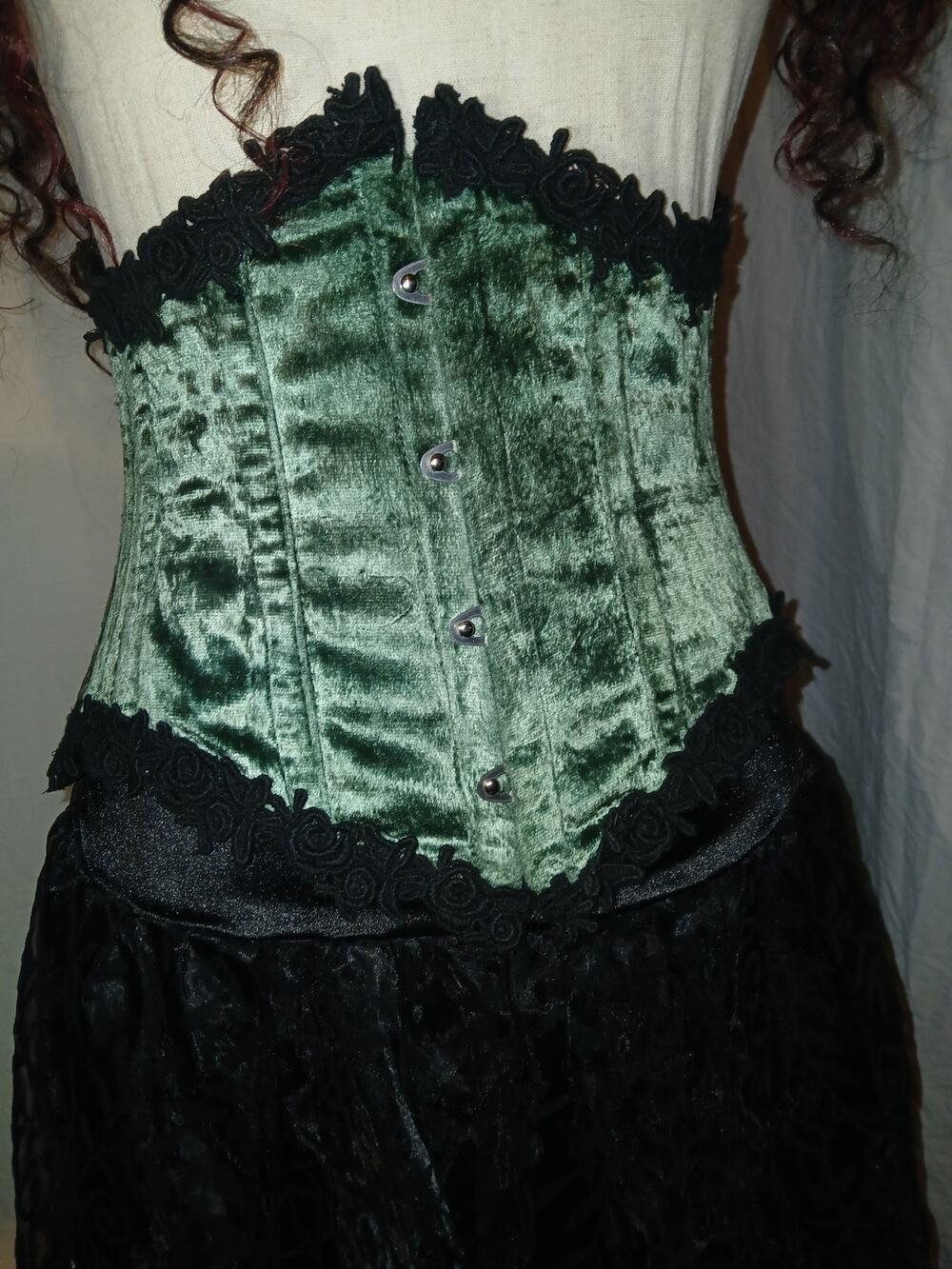 Green Velvet Black Lace Trim Lace-Up Gothic Corset Top US 2